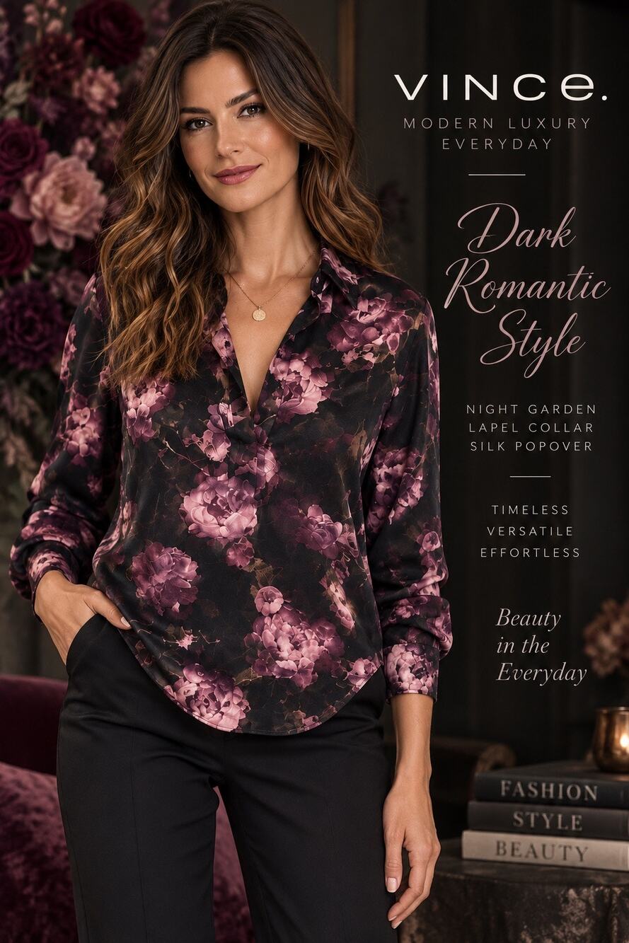 Dark Romantic Moody Floral 100% Silk Luxury Vince Night Garden Popover Blouse L